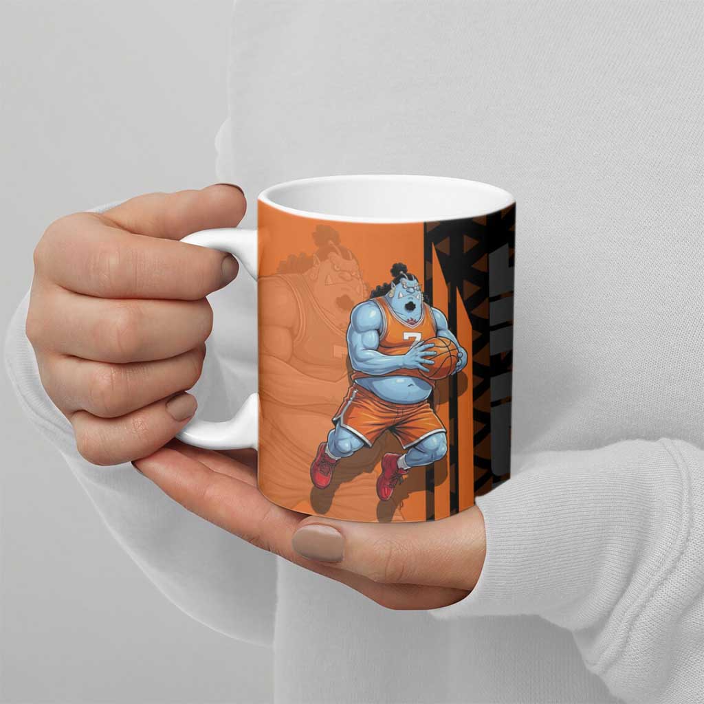 Jinbe One Piece Basketball Theme Orange and Black Design Ceramic Mug with Powerful Pose and Sun Pirates Emblem - The Mazicc