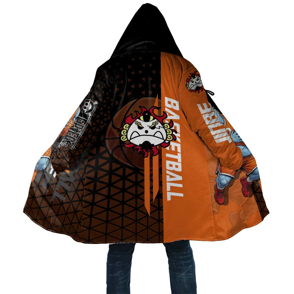 Jinbe One Piece Basketball Theme Orange and Black Design Cloak with Powerful Pose and Sun Pirates Emblem - The Mazicc