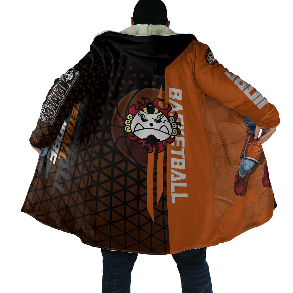 Jinbe One Piece Basketball Theme Orange and Black Design Cloak with Powerful Pose and Sun Pirates Emblem - The Mazicc