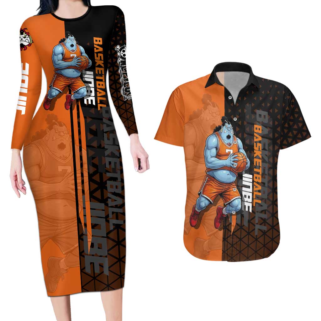 Jinbe One Piece Basketball Theme Orange and Black Design Couples Matching Long Sleeve Bodycon Dress and Hawaiian Shirt with Powerful Pose and Sun Pirates Emblem - The Mazicc