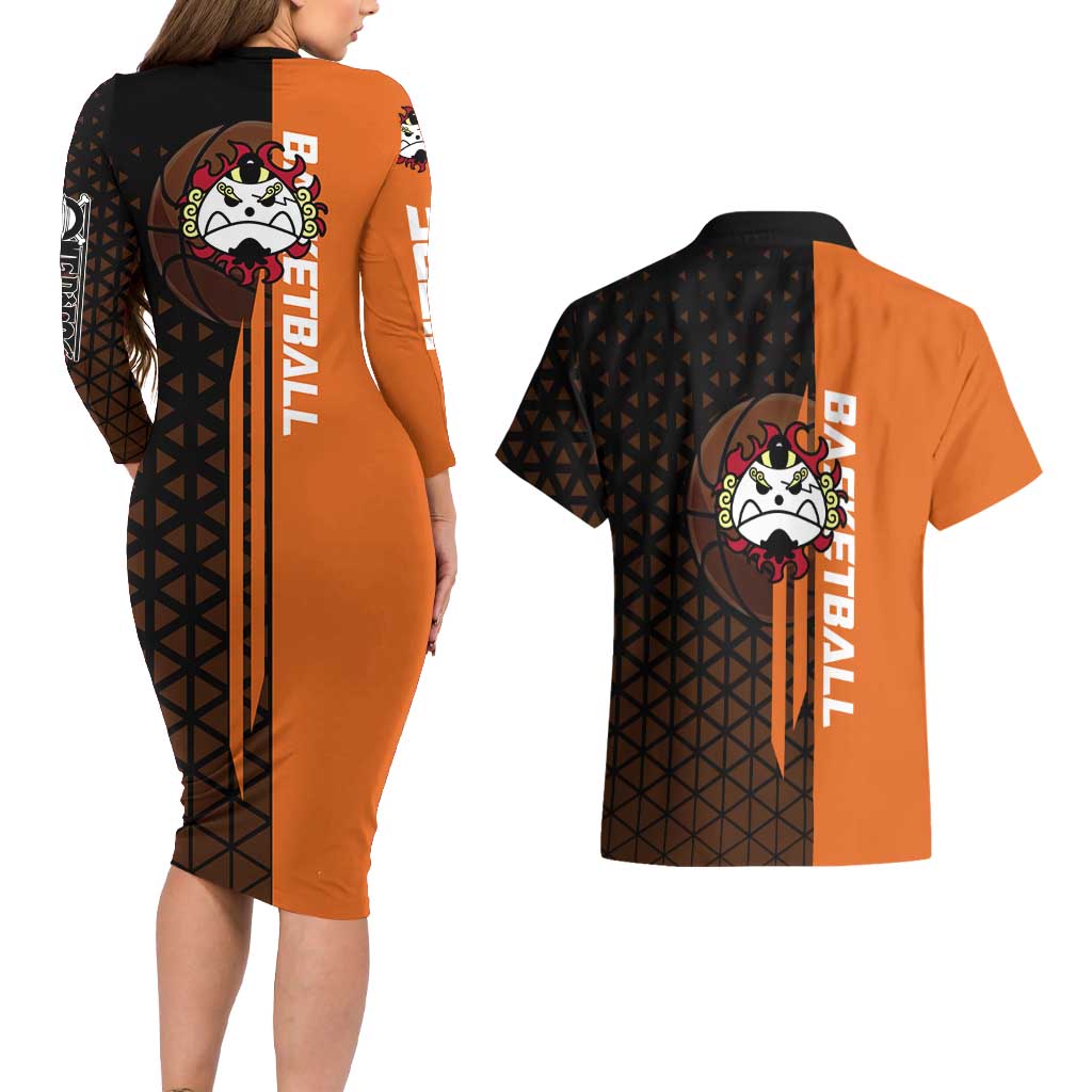 Jinbe One Piece Basketball Theme Orange and Black Design Couples Matching Long Sleeve Bodycon Dress and Hawaiian Shirt with Powerful Pose and Sun Pirates Emblem - The Mazicc