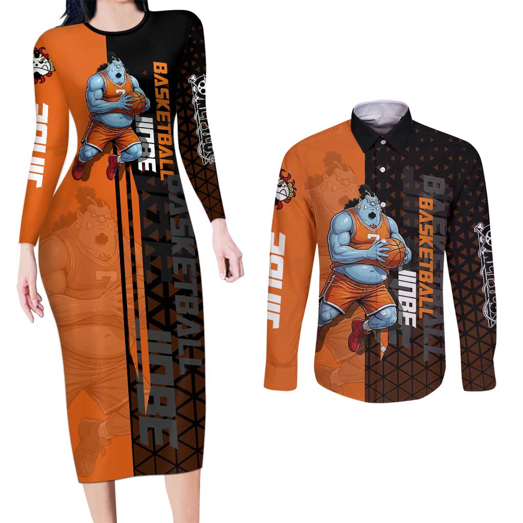Jinbe One Piece Basketball Theme Orange and Black Design Couples Matching Long Sleeve Bodycon Dress and Long Sleeve Button Shirt with Powerful Pose and Sun Pirates Emblem - The Mazicc