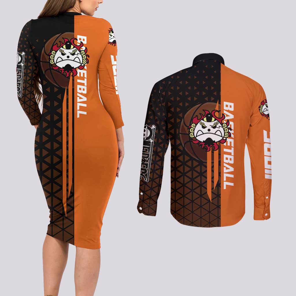 Jinbe One Piece Basketball Theme Orange and Black Design Couples Matching Long Sleeve Bodycon Dress and Long Sleeve Button Shirt with Powerful Pose and Sun Pirates Emblem - The Mazicc