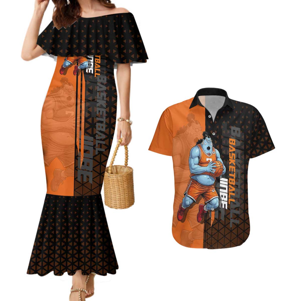 Jinbe One Piece Basketball Theme Orange and Black Design Couples Matching Mermaid Dress and Hawaiian Shirt with Powerful Pose and Sun Pirates Emblem - The Mazicc