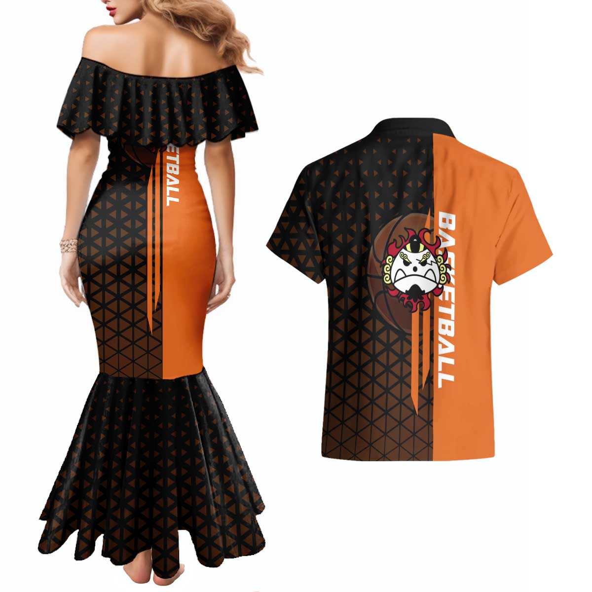 Jinbe One Piece Basketball Theme Orange and Black Design Couples Matching Mermaid Dress and Hawaiian Shirt with Powerful Pose and Sun Pirates Emblem - The Mazicc
