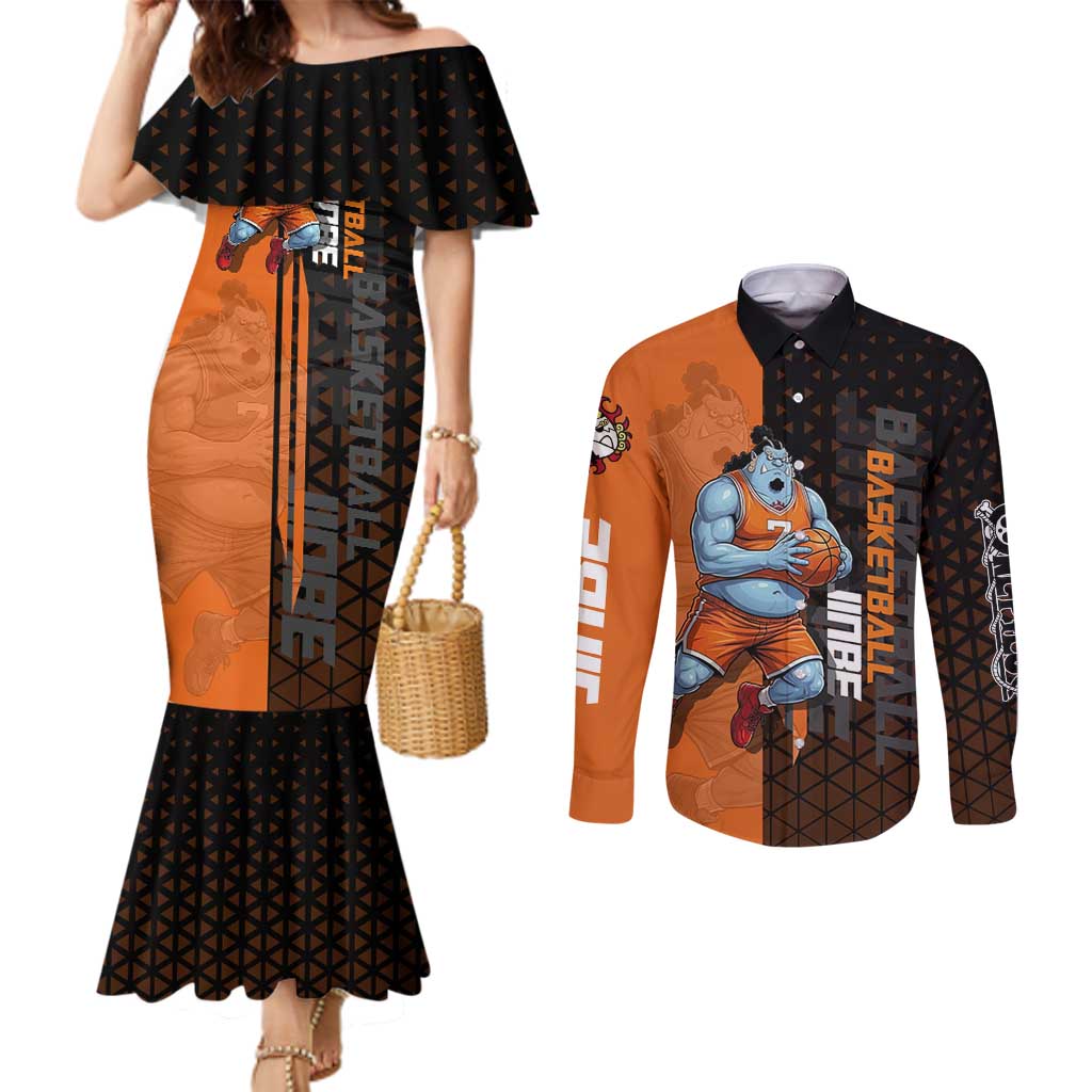 Jinbe One Piece Basketball Theme Orange and Black Design Couples Matching Mermaid Dress and Long Sleeve Button Shirt with Powerful Pose and Sun Pirates Emblem - The Mazicc
