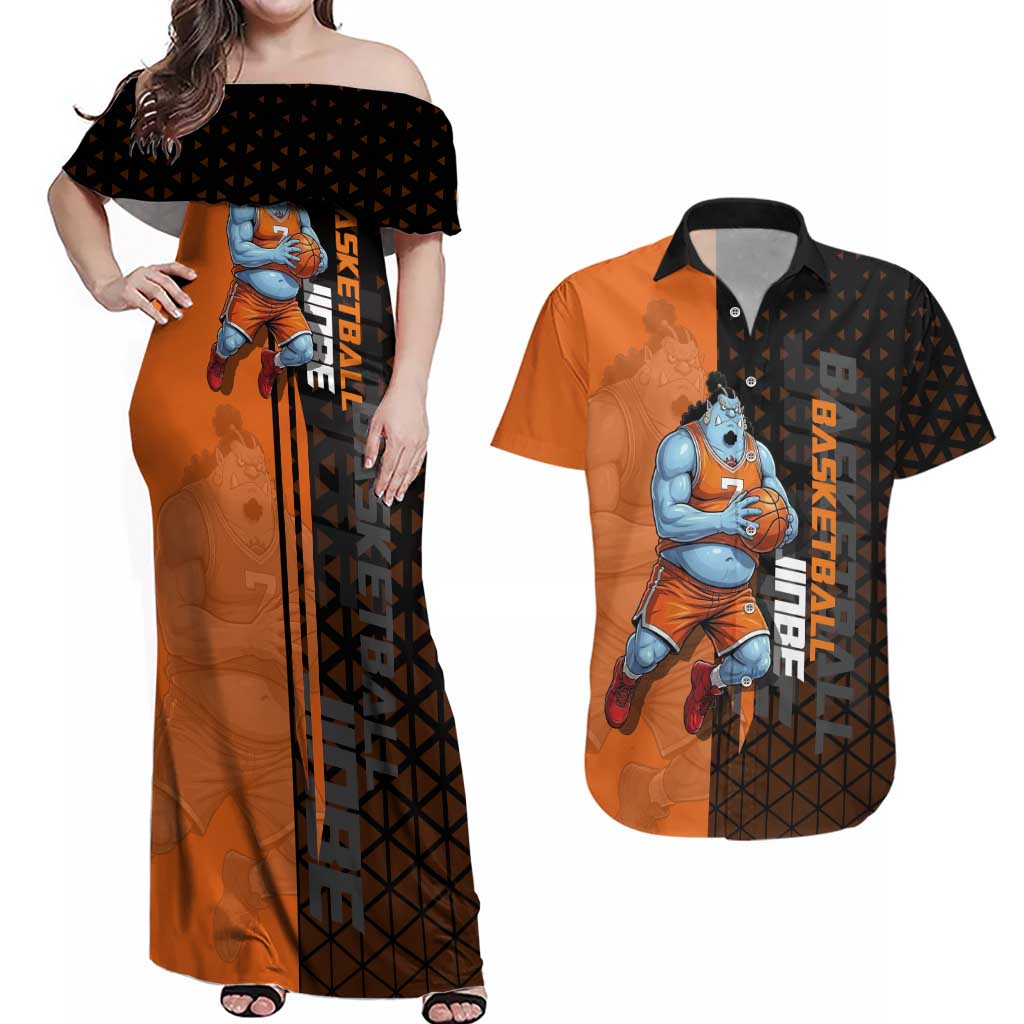 Jinbe One Piece Basketball Theme Orange and Black Design Couples Matching Off Shoulder Maxi Dress and Hawaiian Shirt with Powerful Pose and Sun Pirates Emblem - The Mazicc