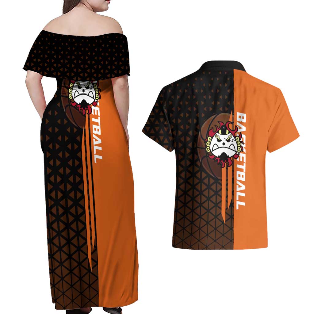Jinbe One Piece Basketball Theme Orange and Black Design Couples Matching Off Shoulder Maxi Dress and Hawaiian Shirt with Powerful Pose and Sun Pirates Emblem - The Mazicc