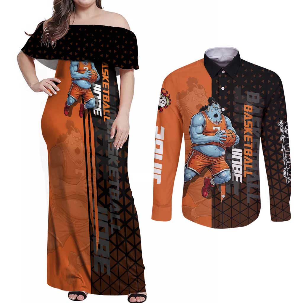 Jinbe One Piece Basketball Theme Orange and Black Design Couples Matching Off Shoulder Maxi Dress and Long Sleeve Button Shirt with Powerful Pose and Sun Pirates Emblem - The Mazicc