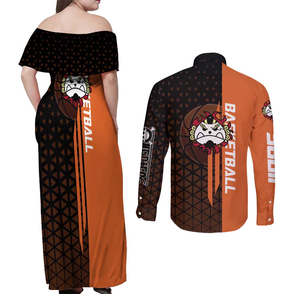 Jinbe One Piece Basketball Theme Orange and Black Design Couples Matching Off Shoulder Maxi Dress and Long Sleeve Button Shirt with Powerful Pose and Sun Pirates Emblem - The Mazicc