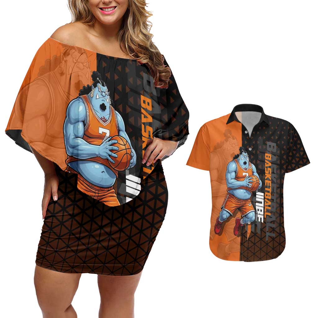 Jinbe One Piece Basketball Theme Orange and Black Design Couples Matching Off Shoulder Short Dress and Hawaiian Shirt with Powerful Pose and Sun Pirates Emblem - The Mazicc