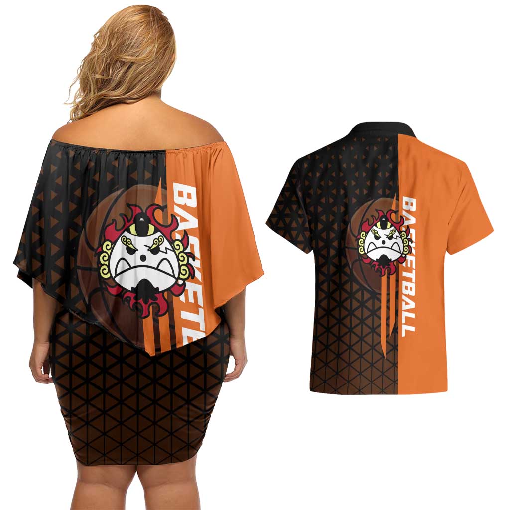 Jinbe One Piece Basketball Theme Orange and Black Design Couples Matching Off Shoulder Short Dress and Hawaiian Shirt with Powerful Pose and Sun Pirates Emblem - The Mazicc