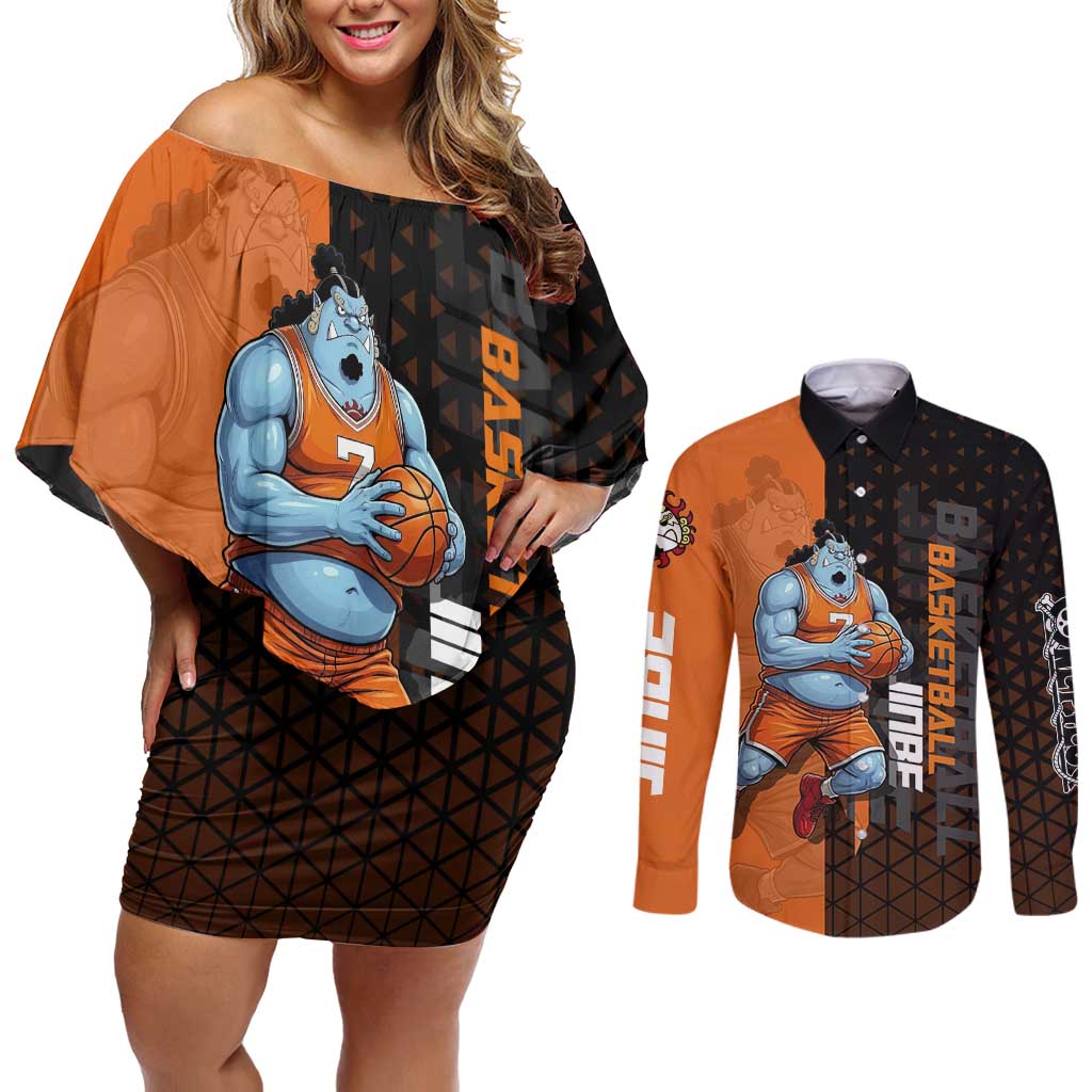 Jinbe One Piece Basketball Theme Orange and Black Design Couples Matching Off Shoulder Short Dress and Long Sleeve Button Shirt with Powerful Pose and Sun Pirates Emblem - The Mazicc