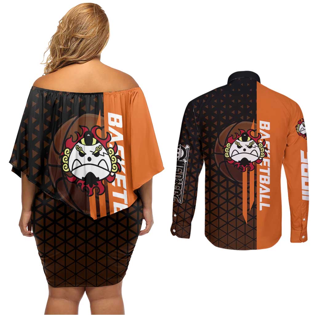 Jinbe One Piece Basketball Theme Orange and Black Design Couples Matching Off Shoulder Short Dress and Long Sleeve Button Shirt with Powerful Pose and Sun Pirates Emblem - The Mazicc