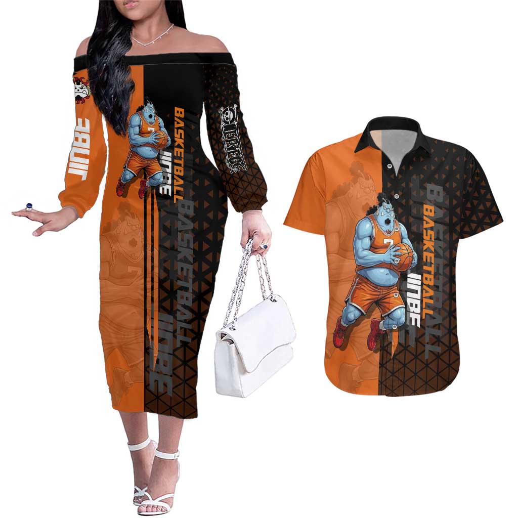 Jinbe One Piece Basketball Theme Orange and Black Design Couples Matching Off The Shoulder Long Sleeve Dress and Hawaiian Shirt with Powerful Pose and Sun Pirates Emblem - The Mazicc