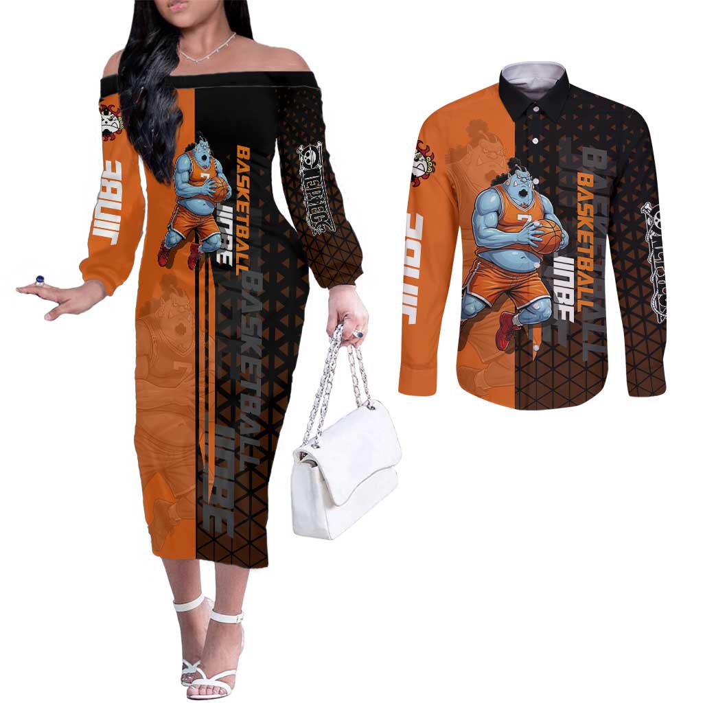 Jinbe One Piece Basketball Theme Orange and Black Design Couples Matching Off The Shoulder Long Sleeve Dress and Long Sleeve Button Shirt with Powerful Pose and Sun Pirates Emblem - The Mazicc