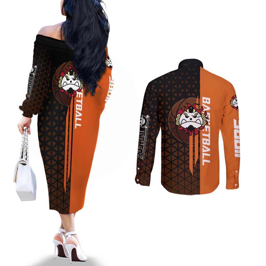 Jinbe One Piece Basketball Theme Orange and Black Design Couples Matching Off The Shoulder Long Sleeve Dress and Long Sleeve Button Shirt with Powerful Pose and Sun Pirates Emblem - The Mazicc