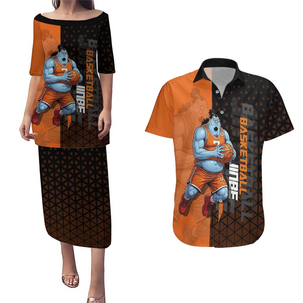 Jinbe One Piece Basketball Theme Orange and Black Design Couples Matching Puletasi and Hawaiian Shirt with Powerful Pose and Sun Pirates Emblem - The Mazicc