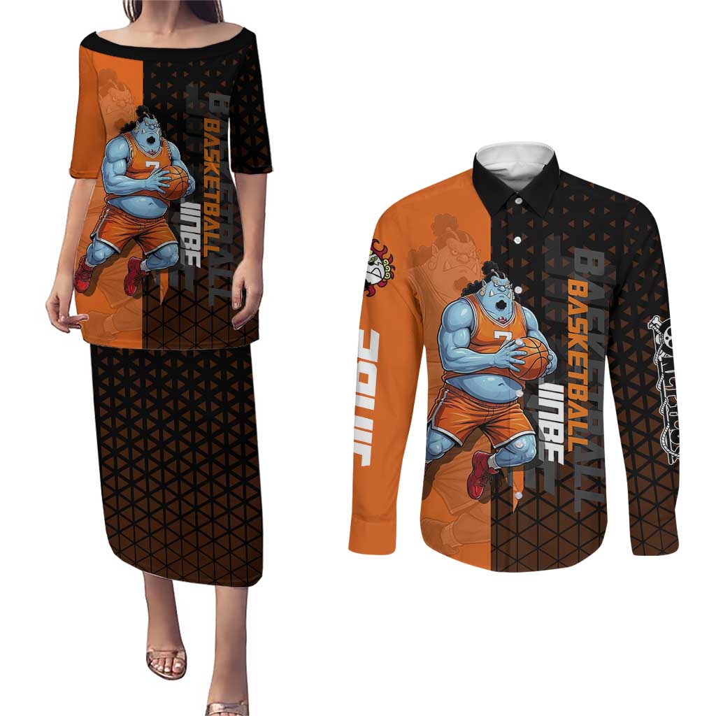 Jinbe One Piece Basketball Theme Orange and Black Design Couples Matching Puletasi and Long Sleeve Button Shirt with Powerful Pose and Sun Pirates Emblem - The Mazicc