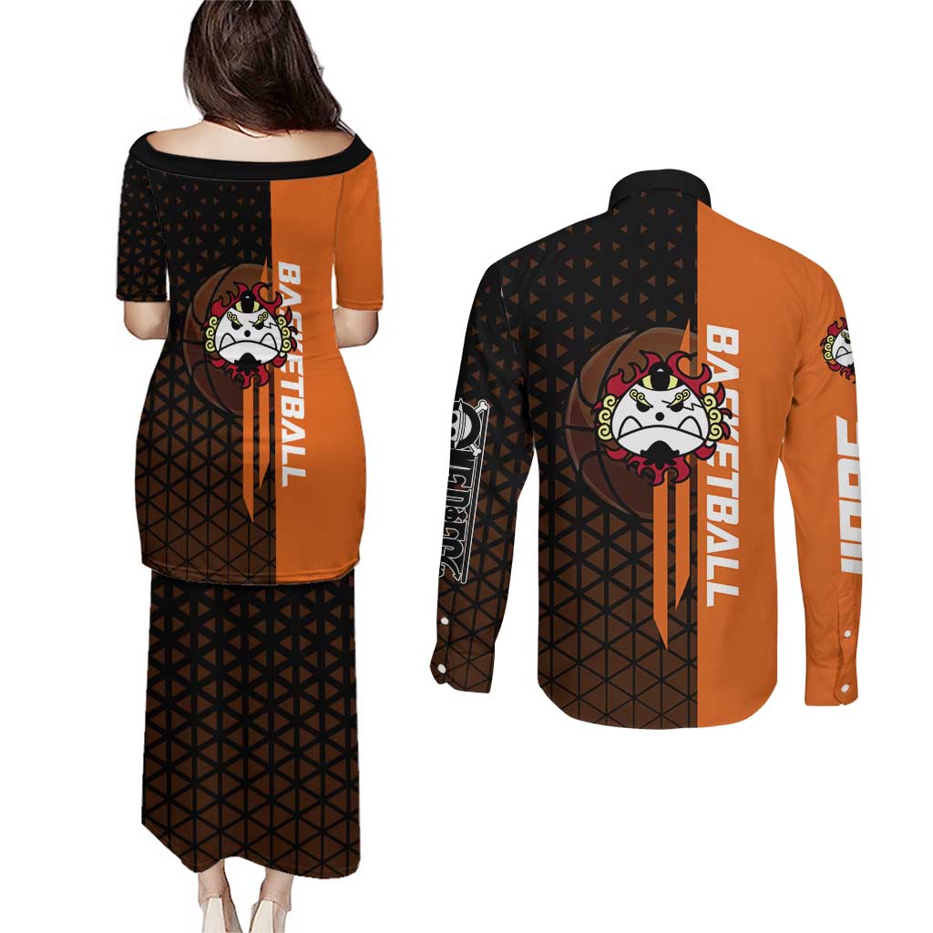 Jinbe One Piece Basketball Theme Orange and Black Design Couples Matching Puletasi and Long Sleeve Button Shirt with Powerful Pose and Sun Pirates Emblem - The Mazicc