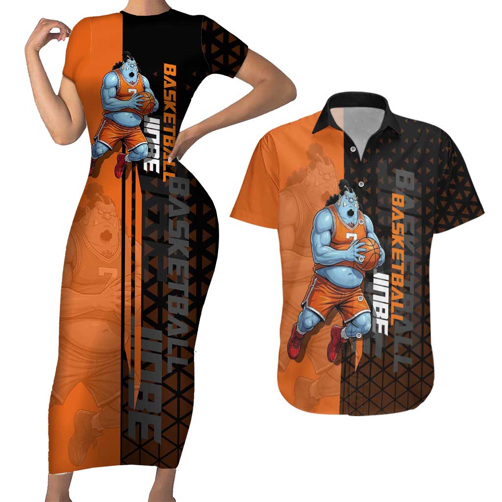 Jinbe One Piece Basketball Theme Orange and Black Design Couples Matching Short Sleeve Bodycon Dress and Hawaiian Shirt with Powerful Pose and Sun Pirates Emblem - The Mazicc