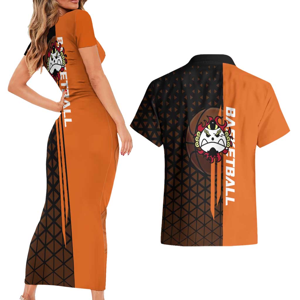 Jinbe One Piece Basketball Theme Orange and Black Design Couples Matching Short Sleeve Bodycon Dress and Hawaiian Shirt with Powerful Pose and Sun Pirates Emblem - The Mazicc