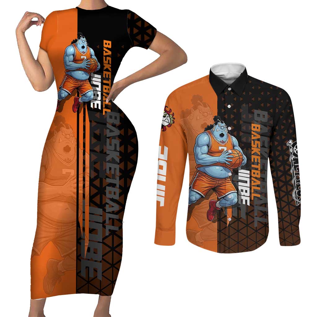 Jinbe One Piece Basketball Theme Orange and Black Design Couples Matching Short Sleeve Bodycon Dress and Long Sleeve Button Shirt with Powerful Pose and Sun Pirates Emblem - The Mazicc