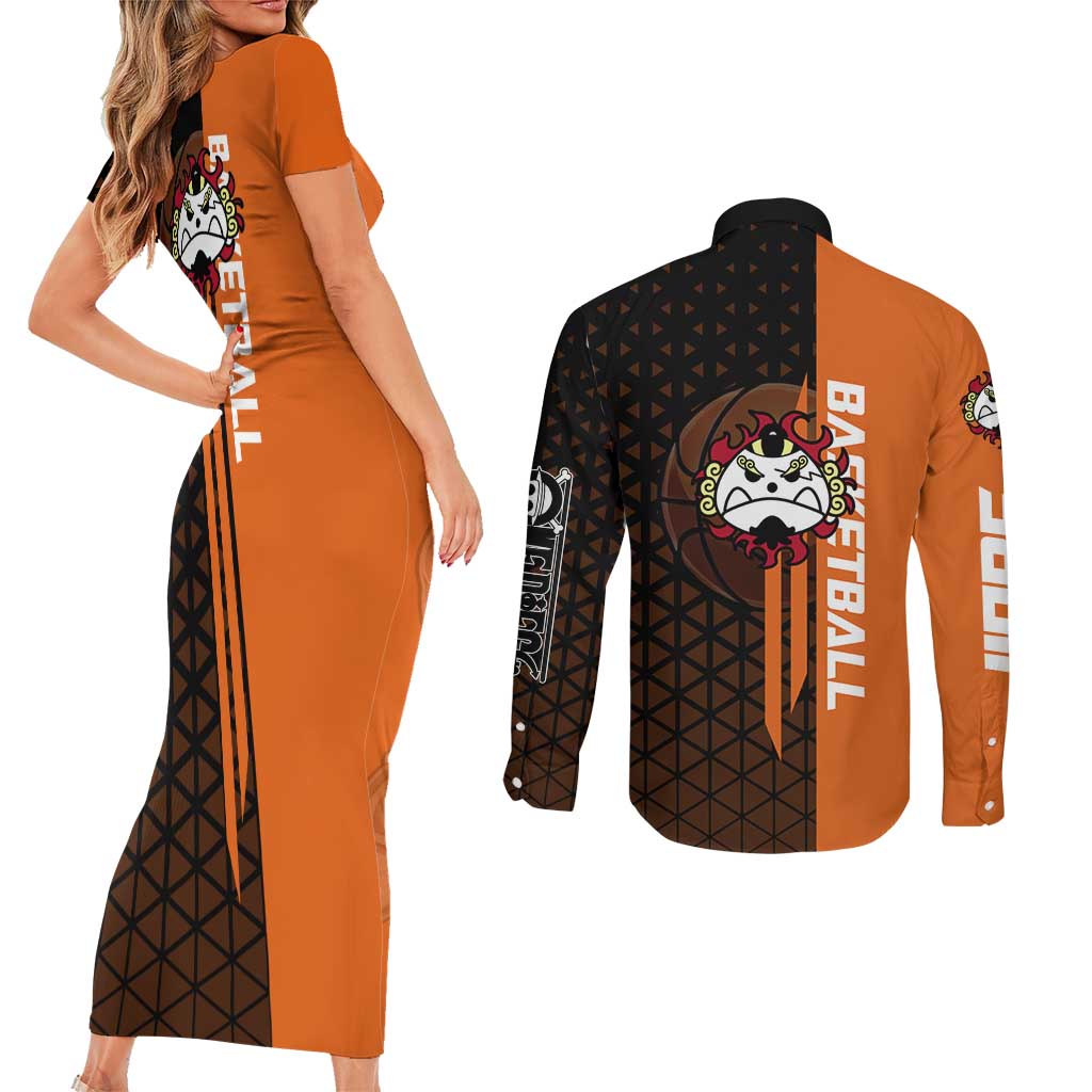 Jinbe One Piece Basketball Theme Orange and Black Design Couples Matching Short Sleeve Bodycon Dress and Long Sleeve Button Shirt with Powerful Pose and Sun Pirates Emblem - The Mazicc