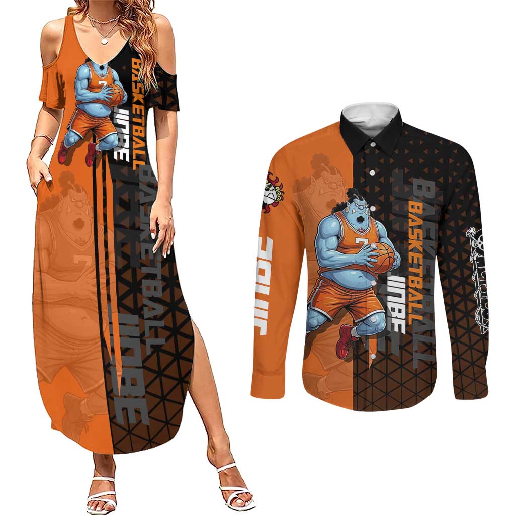 Jinbe One Piece Basketball Theme Orange and Black Design Couples Matching Summer Maxi Dress and Long Sleeve Button Shirt with Powerful Pose and Sun Pirates Emblem - The Mazicc