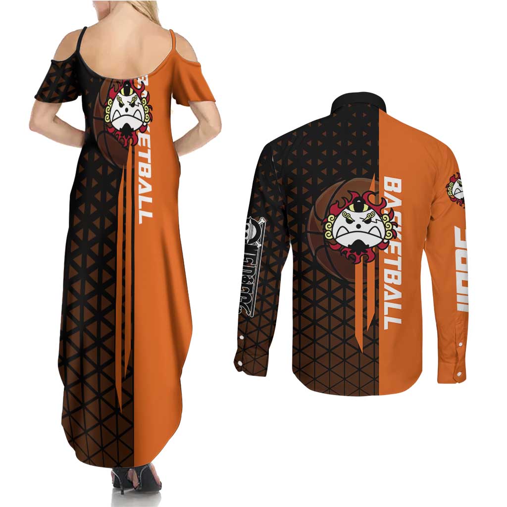 Jinbe One Piece Basketball Theme Orange and Black Design Couples Matching Summer Maxi Dress and Long Sleeve Button Shirt with Powerful Pose and Sun Pirates Emblem - The Mazicc