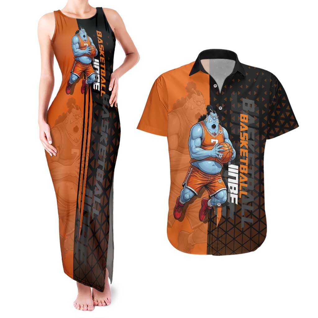 Jinbe One Piece Basketball Theme Orange and Black Design Couples Matching Tank Maxi Dress and Hawaiian Shirt with Powerful Pose and Sun Pirates Emblem - The Mazicc