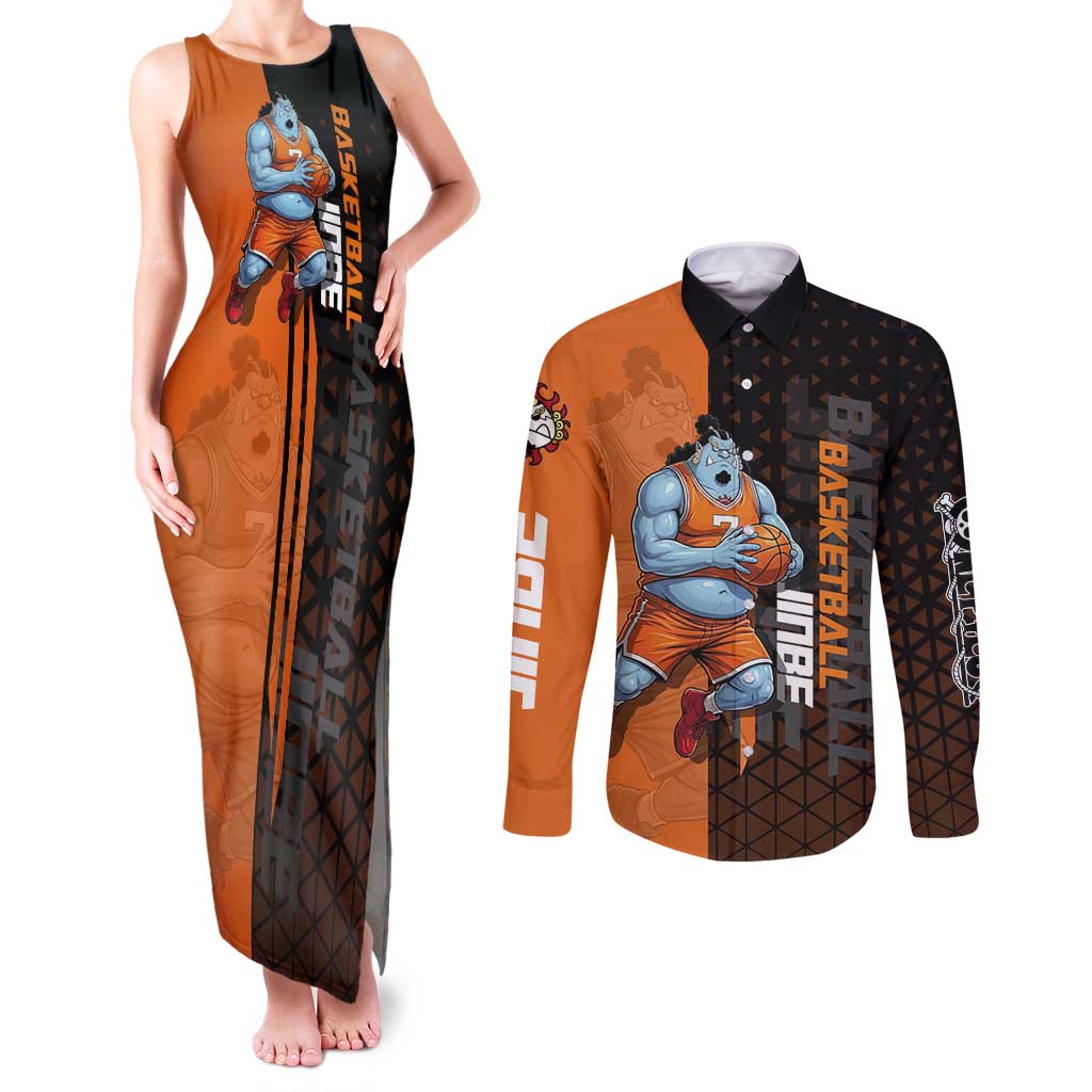 Jinbe One Piece Basketball Theme Orange and Black Design Couples Matching Tank Maxi Dress and Long Sleeve Button Shirt with Powerful Pose and Sun Pirates Emblem - The Mazicc