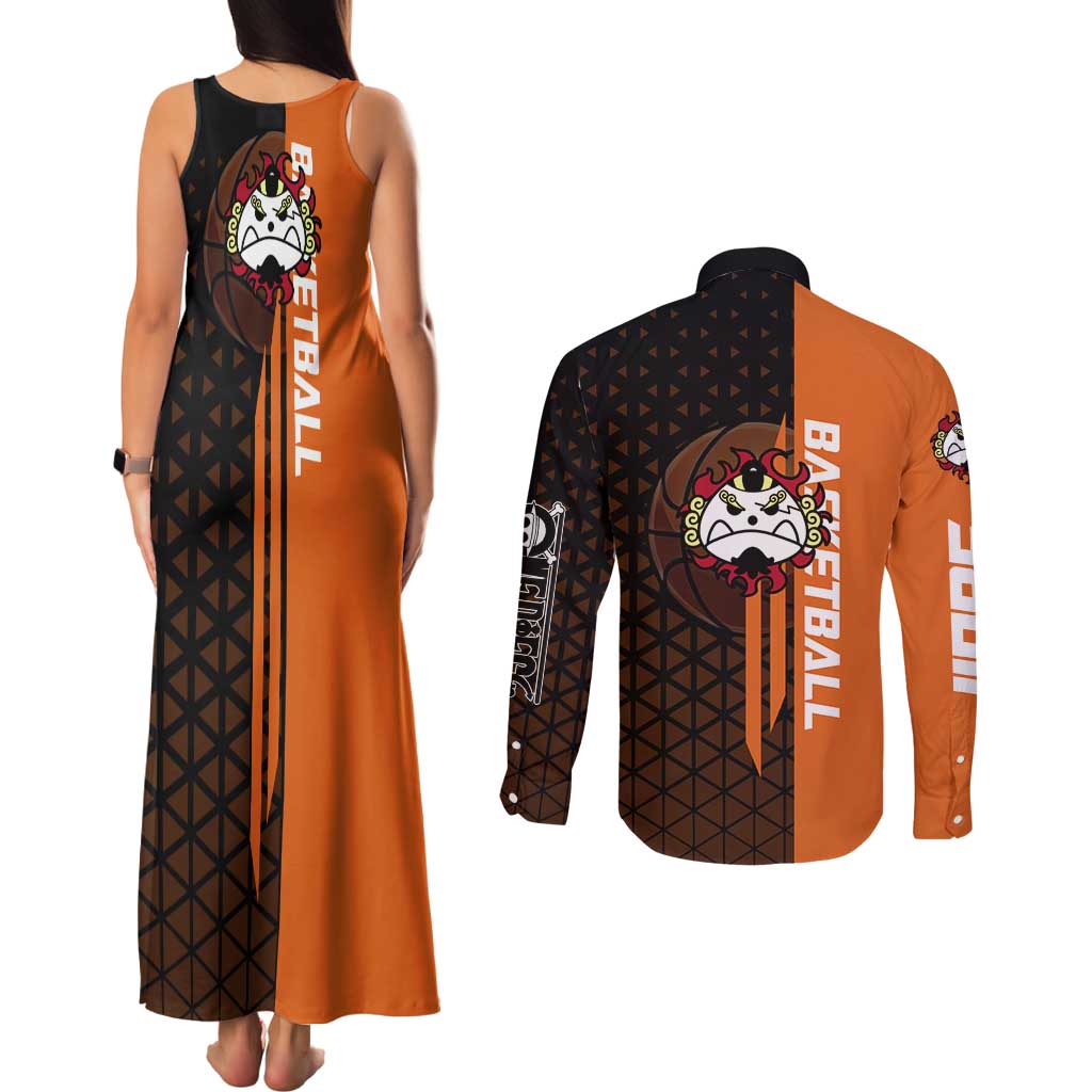 Jinbe One Piece Basketball Theme Orange and Black Design Couples Matching Tank Maxi Dress and Long Sleeve Button Shirt with Powerful Pose and Sun Pirates Emblem - The Mazicc