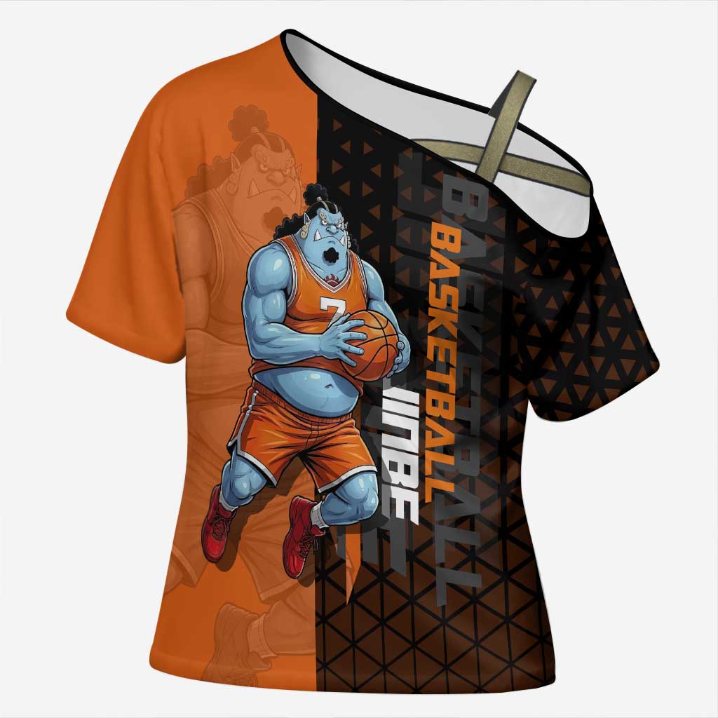 Jinbe One Piece Basketball Theme Orange and Black Design Cross Shoulder Shirt with Powerful Pose and Sun Pirates Emblem - The Mazicc