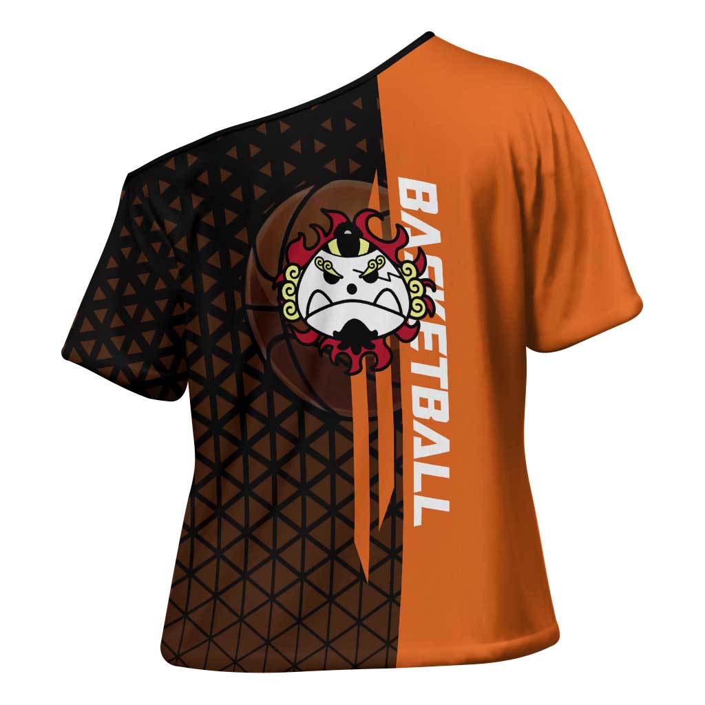 Jinbe One Piece Basketball Theme Orange and Black Design Cross Shoulder Shirt with Powerful Pose and Sun Pirates Emblem - The Mazicc