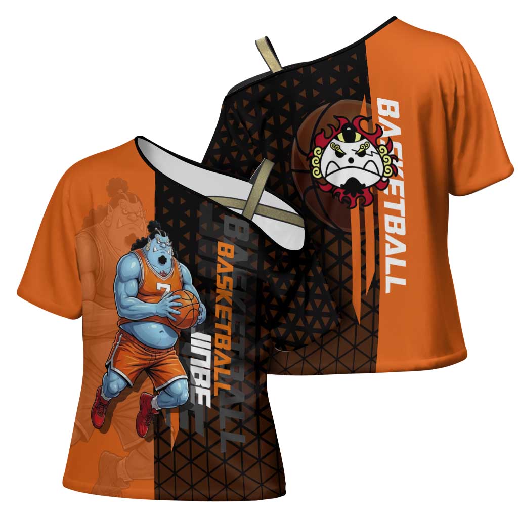 Jinbe One Piece Basketball Theme Orange and Black Design Cross Shoulder Shirt with Powerful Pose and Sun Pirates Emblem - The Mazicc