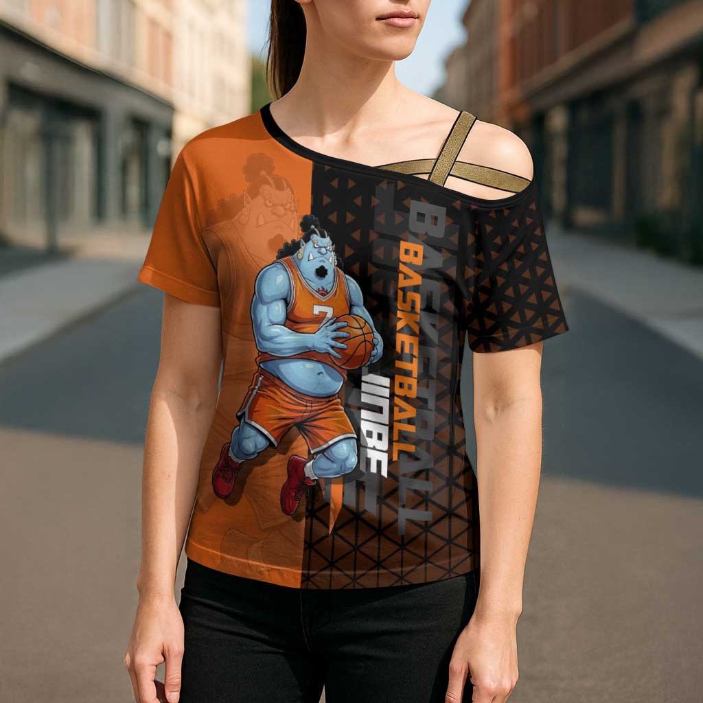 Jinbe One Piece Basketball Theme Orange and Black Design Cross Shoulder Shirt with Powerful Pose and Sun Pirates Emblem - The Mazicc
