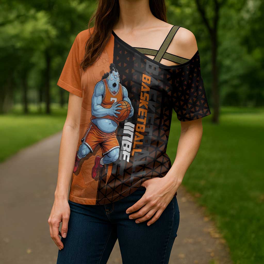 Jinbe One Piece Basketball Theme Orange and Black Design Cross Shoulder Shirt with Powerful Pose and Sun Pirates Emblem - The Mazicc