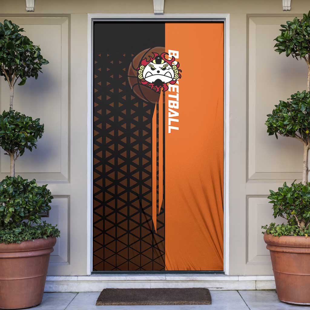 Jinbe One Piece Basketball Theme Orange and Black Design Door Cover with Powerful Pose and Sun Pirates Emblem - The Mazicc