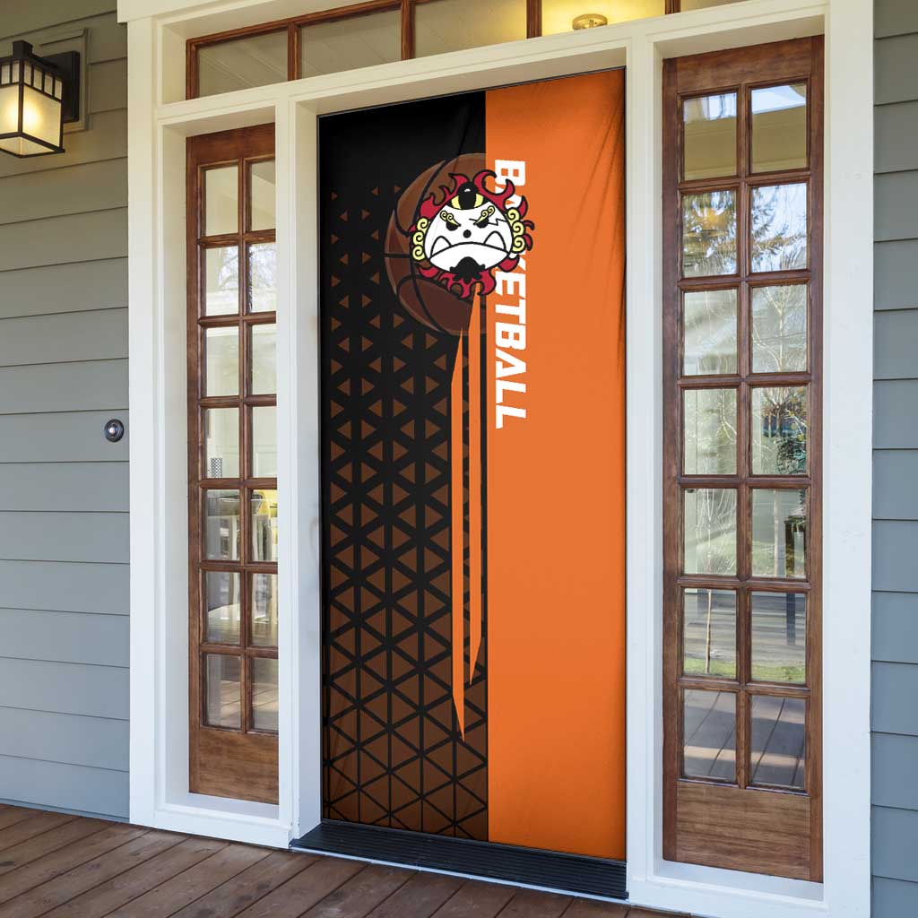 Jinbe One Piece Basketball Theme Orange and Black Design Door Cover with Powerful Pose and Sun Pirates Emblem - The Mazicc