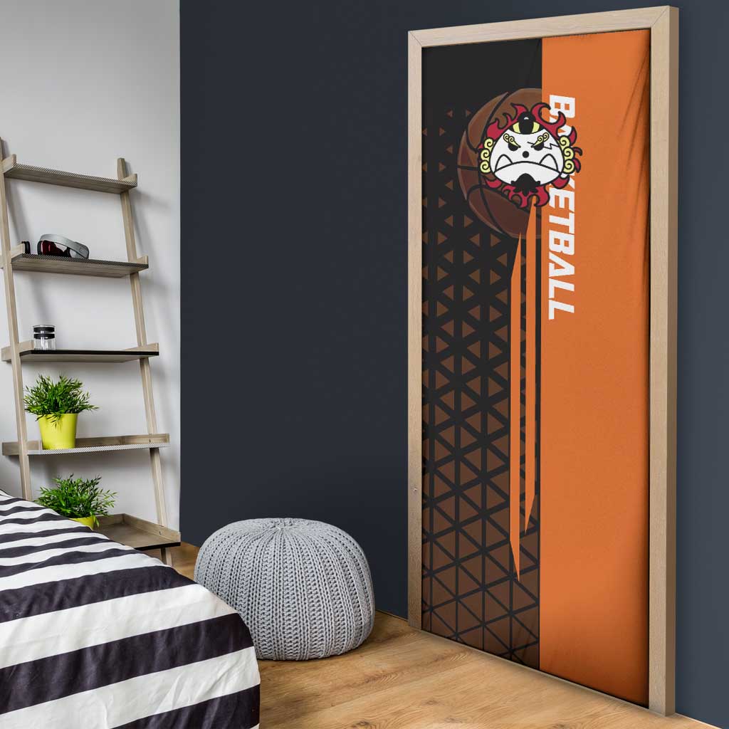 Jinbe One Piece Basketball Theme Orange and Black Design Door Cover with Powerful Pose and Sun Pirates Emblem - The Mazicc