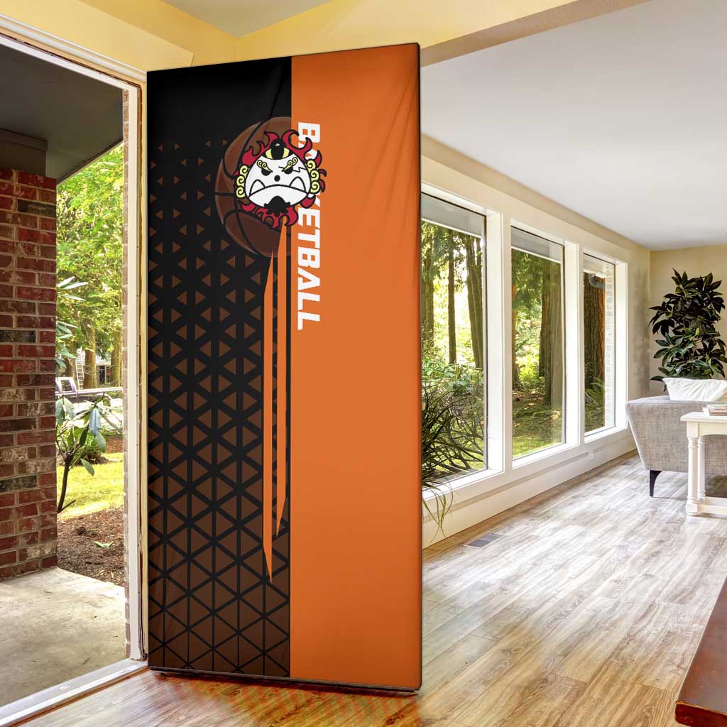 Jinbe One Piece Basketball Theme Orange and Black Design Door Cover with Powerful Pose and Sun Pirates Emblem - The Mazicc