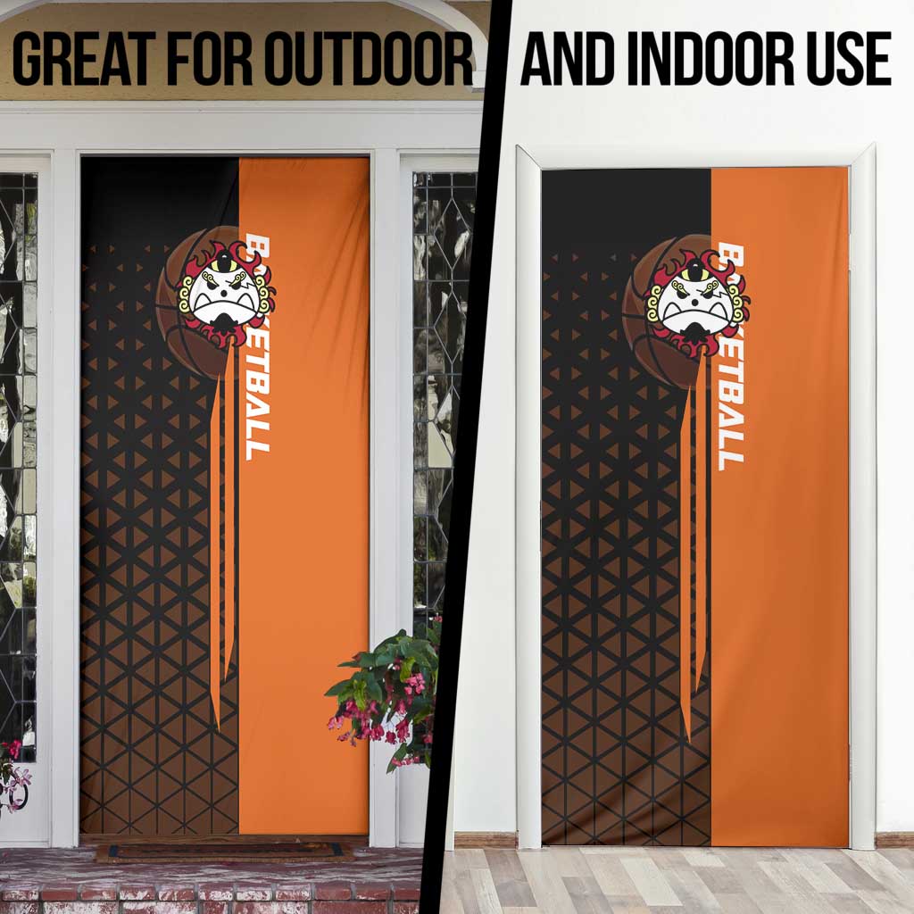 Jinbe One Piece Basketball Theme Orange and Black Design Door Cover with Powerful Pose and Sun Pirates Emblem - The Mazicc