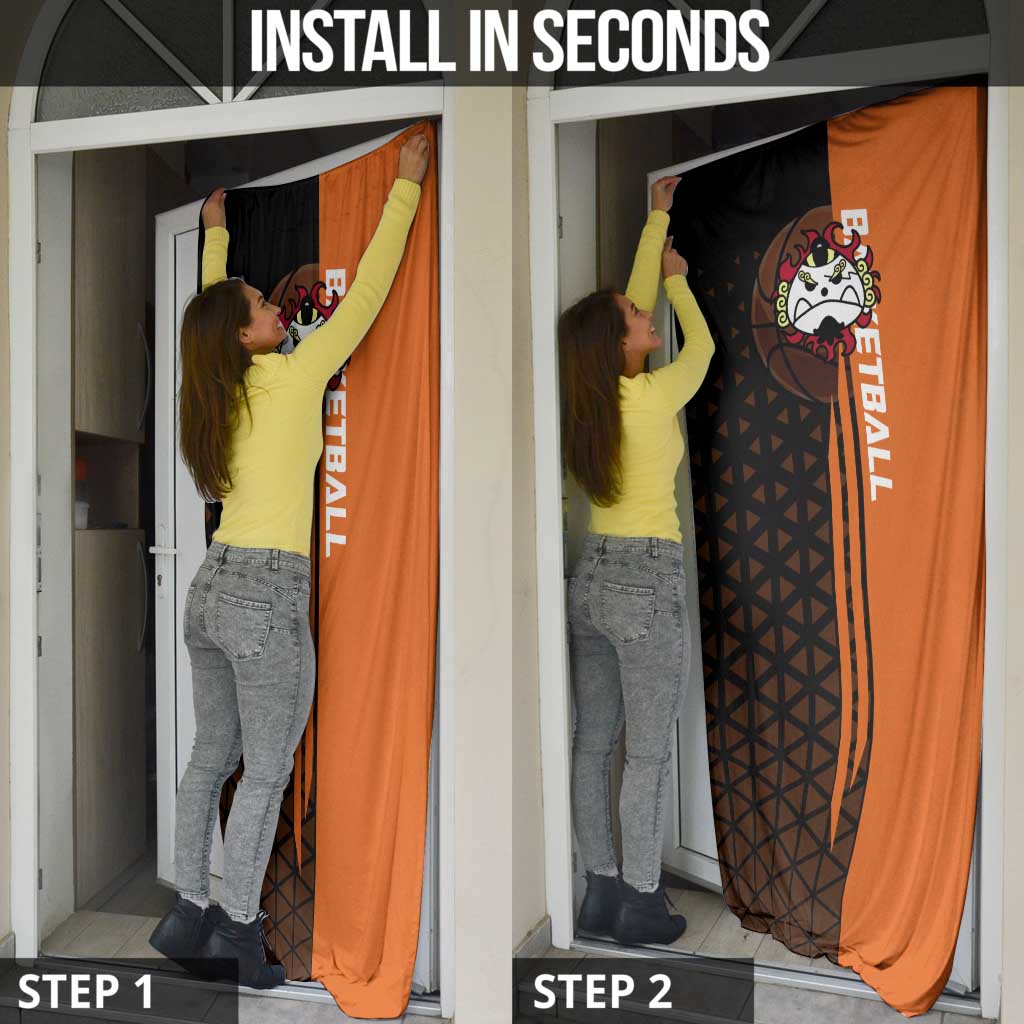 Jinbe One Piece Basketball Theme Orange and Black Design Door Cover with Powerful Pose and Sun Pirates Emblem - The Mazicc