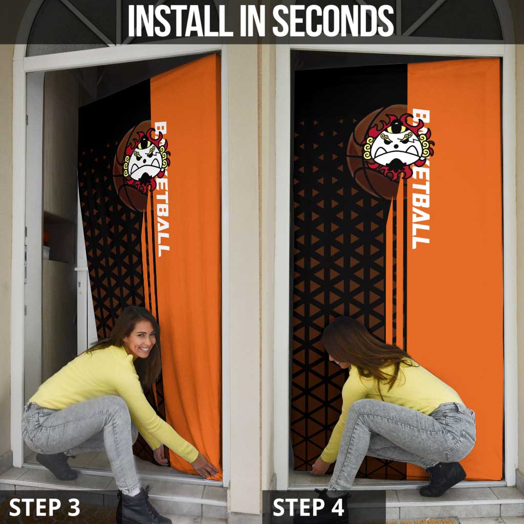 Jinbe One Piece Basketball Theme Orange and Black Design Door Cover with Powerful Pose and Sun Pirates Emblem - The Mazicc
