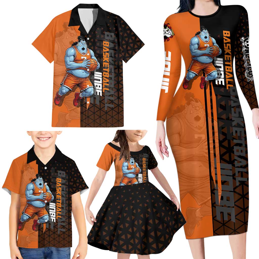 Jinbe One Piece Basketball Theme Orange and Black Design Family Matching Long Sleeve Bodycon Dress and Hawaiian Shirt with Powerful Pose and Sun Pirates Emblem