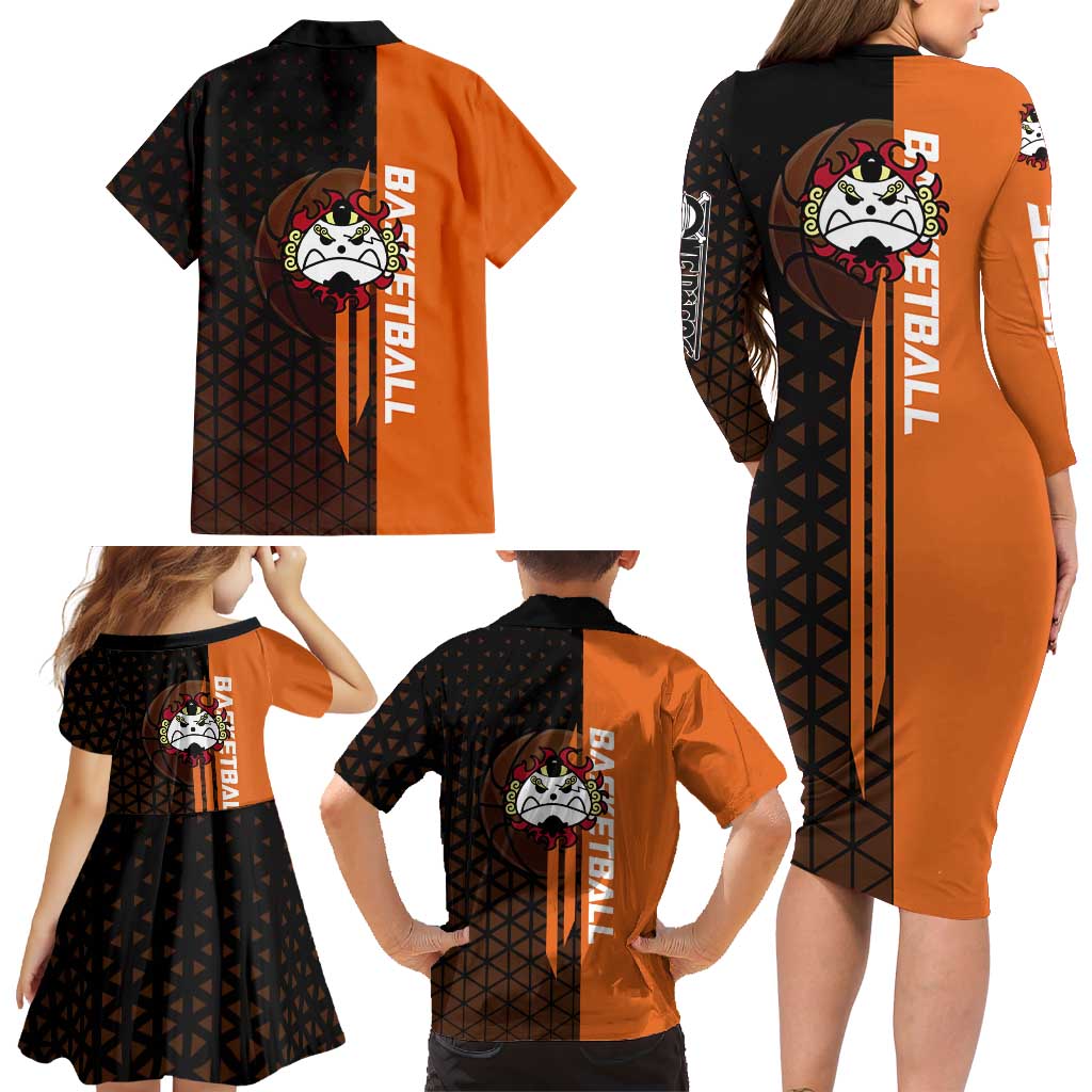 Jinbe One Piece Basketball Theme Orange and Black Design Family Matching Long Sleeve Bodycon Dress and Hawaiian Shirt with Powerful Pose and Sun Pirates Emblem