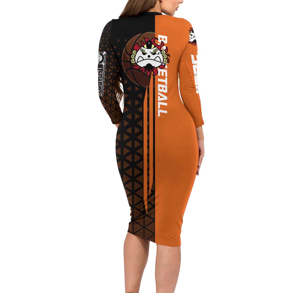 Jinbe One Piece Basketball Theme Orange and Black Design Family Matching Long Sleeve Bodycon Dress and Hawaiian Shirt with Powerful Pose and Sun Pirates Emblem