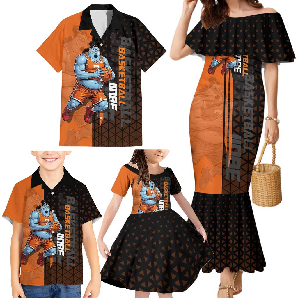 Jinbe One Piece Basketball Theme Orange and Black Design Family Matching Mermaid Dress and Hawaiian Shirt with Powerful Pose and Sun Pirates Emblem