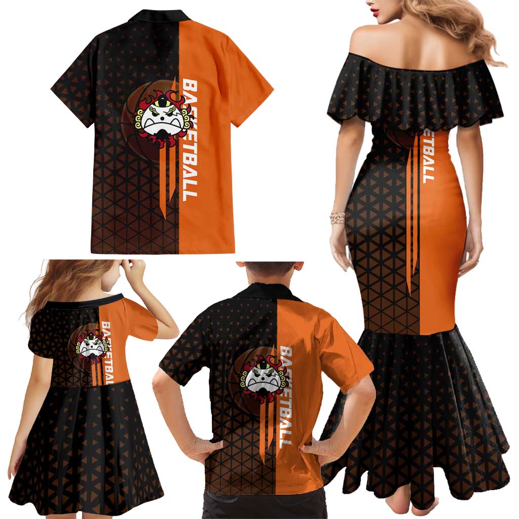 Jinbe One Piece Basketball Theme Orange and Black Design Family Matching Mermaid Dress and Hawaiian Shirt with Powerful Pose and Sun Pirates Emblem